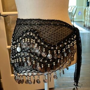 Belly Dancer Waist Wrap Belt Black Pok a dot  Silver Tone Coins Silver Beading